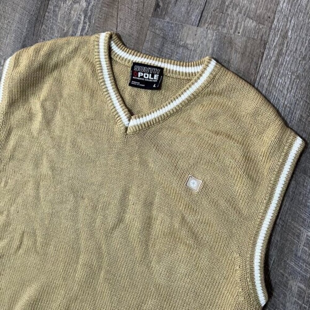 Vintage‎ Y2k SouthPole Tan Knit Sweater Vest Acrylic Stripe Mens Size Large